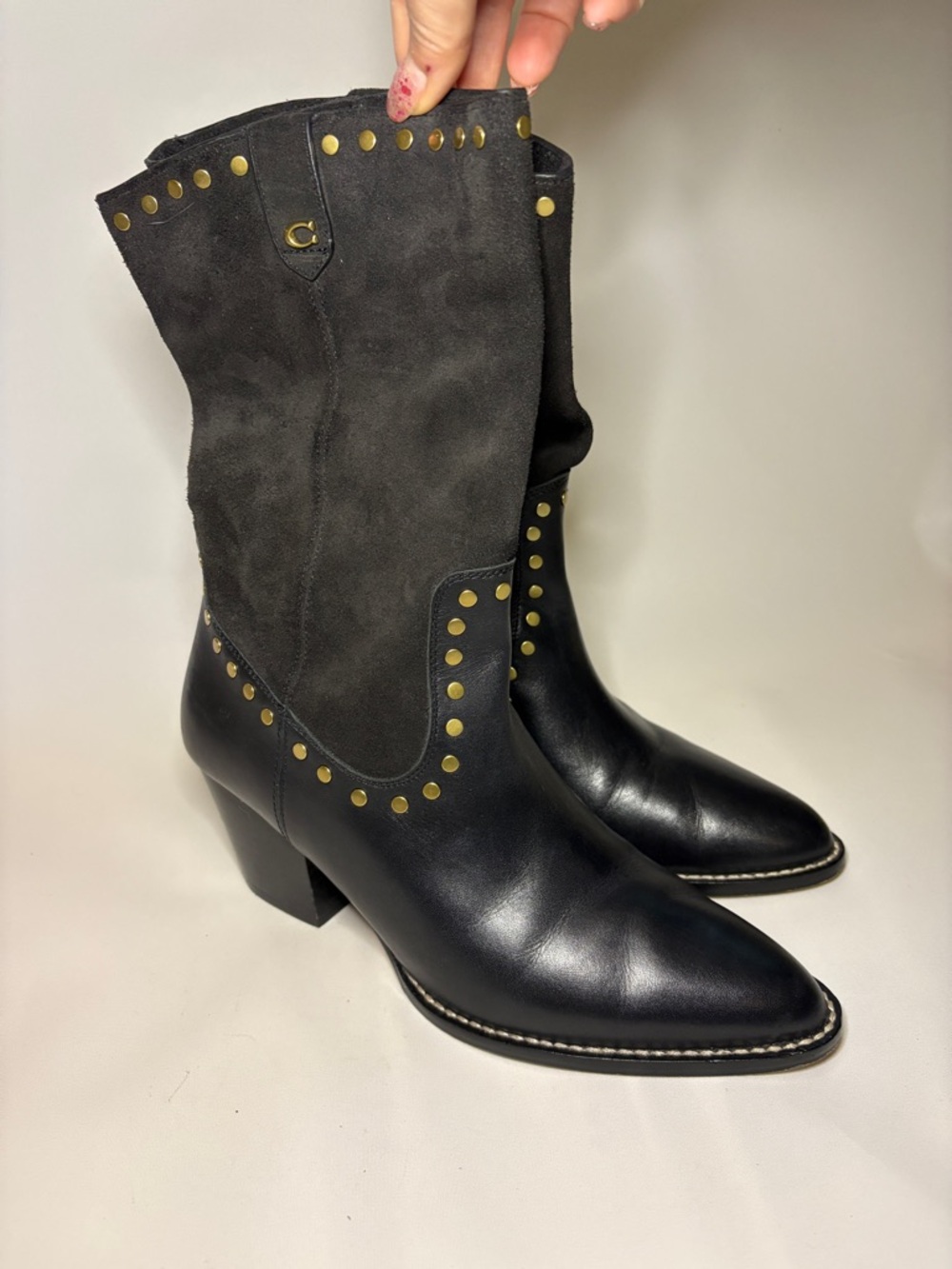 Coach Pheobe‎ Studded Leather & Suede Mid-Calf Boots Size 8